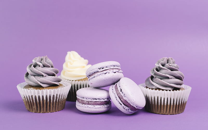 purple macaroon, pastry, sweets, cookies, cupcakes, purple cream, HD wallpaper