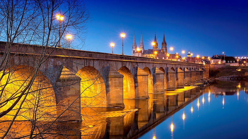 loire river bridge in orleans france, cathedral, city, bridge, rvening, river, lights, HD wallpaper