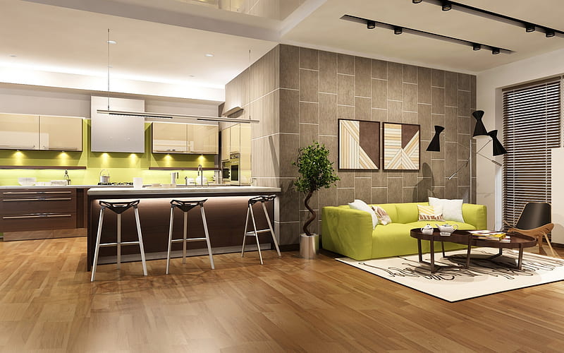 interior living room, kitchen, modern design, green furniture, stylish design, HD wallpaper