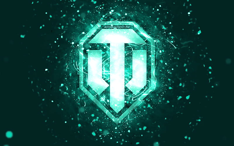 World of Tanks turquoise logo turquoise neon lights, WoT, creative, turquoise abstract background, World of Tanks logo, brands, WoT logo, World of Tanks, HD wallpaper