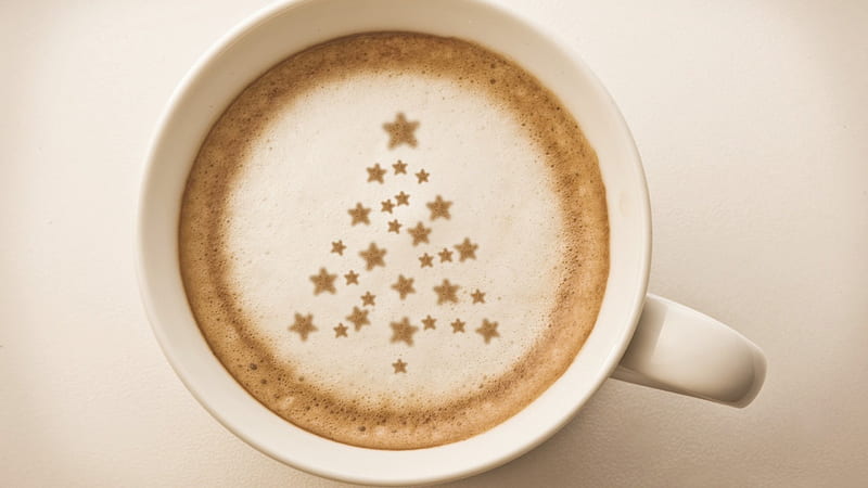 Cup of Coffee, stars, christmas tree, coffee, foam, cup, HD wallpaper
