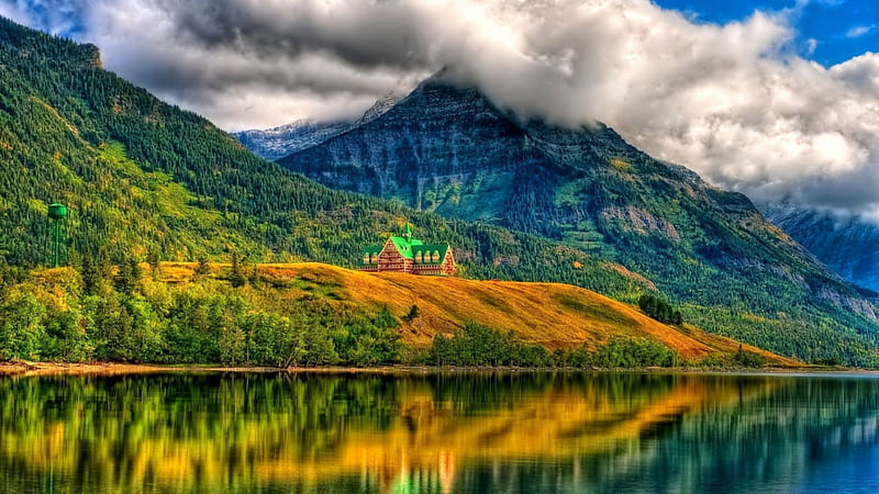 lodge in a spectacular mountain landscape r, forest, lodge, mountains, r, reflection, clouds, lake, HD wallpaper