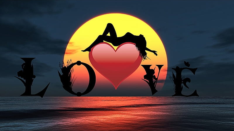 ❤ Love ❤ , girl, love, heart, sunset, sea, HD wallpaper