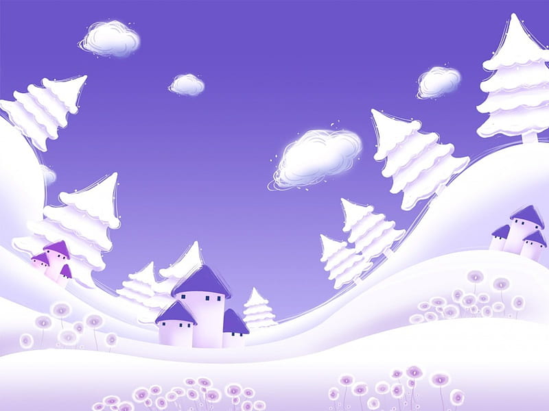 Winter, art, cloud, house, sky, tree, fantasy, purple, snow, white ...