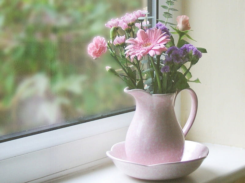 Flowers in a jug, arrangements, window, view, life, still, spring, jug, flowers, color, pastel, vintage, HD wallpaper