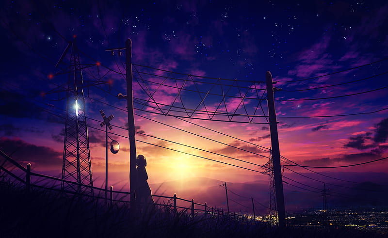 anime landsacpe, sunset, scenery, girl silhouette, Anime, HD wallpaper
