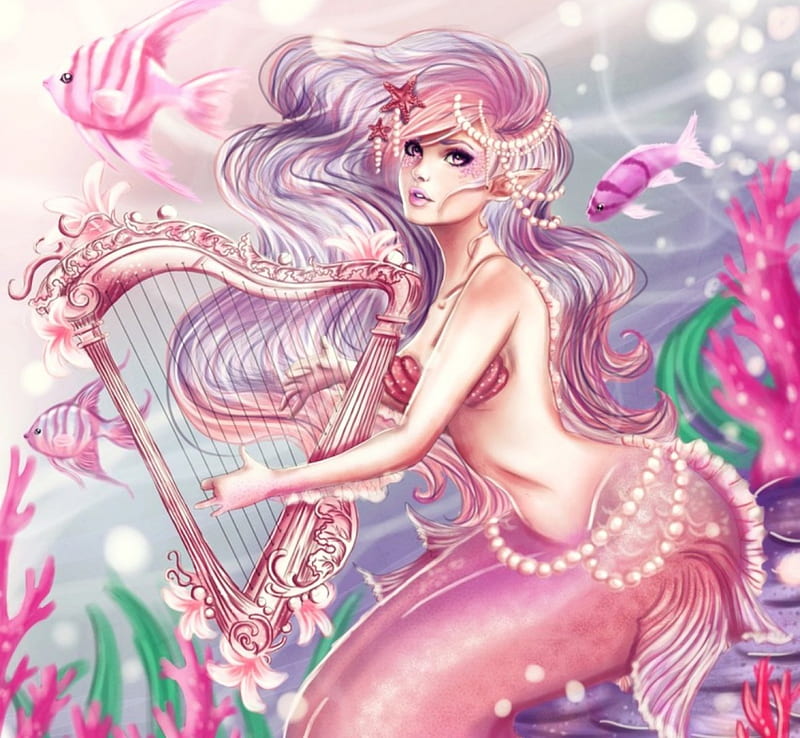 Mermaid in Pink, fishes, harp, mermaid, bonito, pink, HD wallpaper