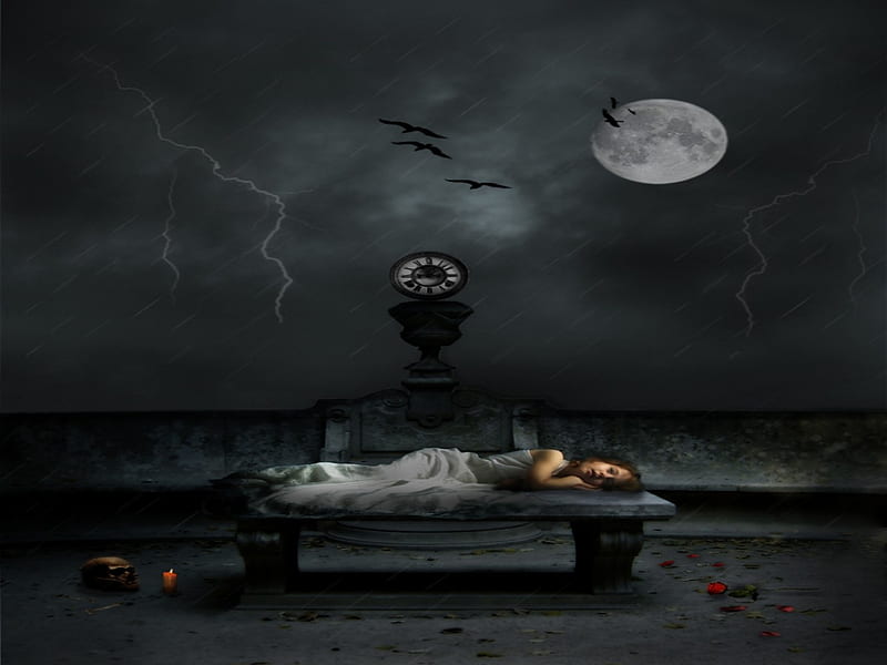DARK DREAMS, candle, female, dreams, sky, clouds, stormy, moon, lightning, gothic, dark, rain, skull, night, HD wallpaper