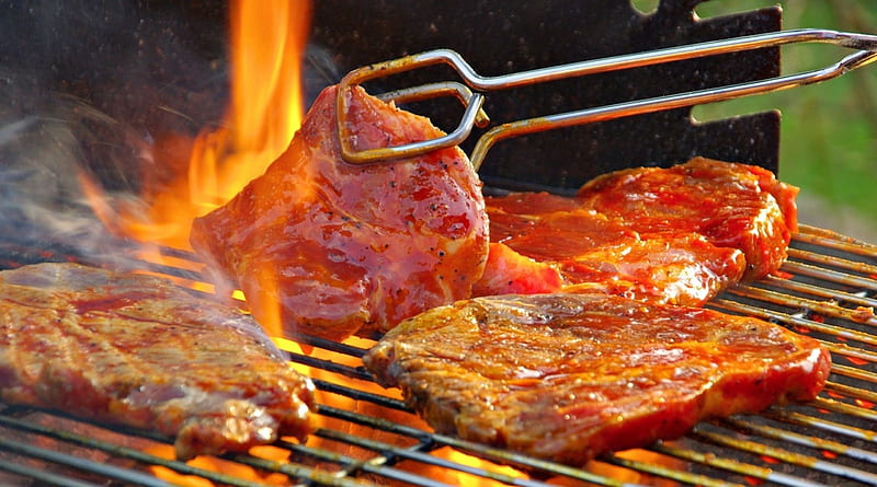 Barbecue, fire, BBQ, meat, Food, HD wallpaper