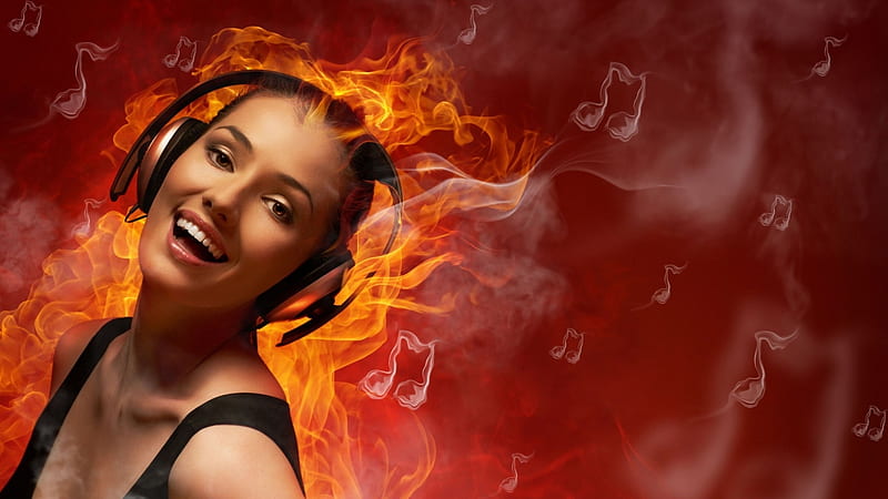 Hot Music, earphones, flames, girl, fire, art, digital, HD wallpaper