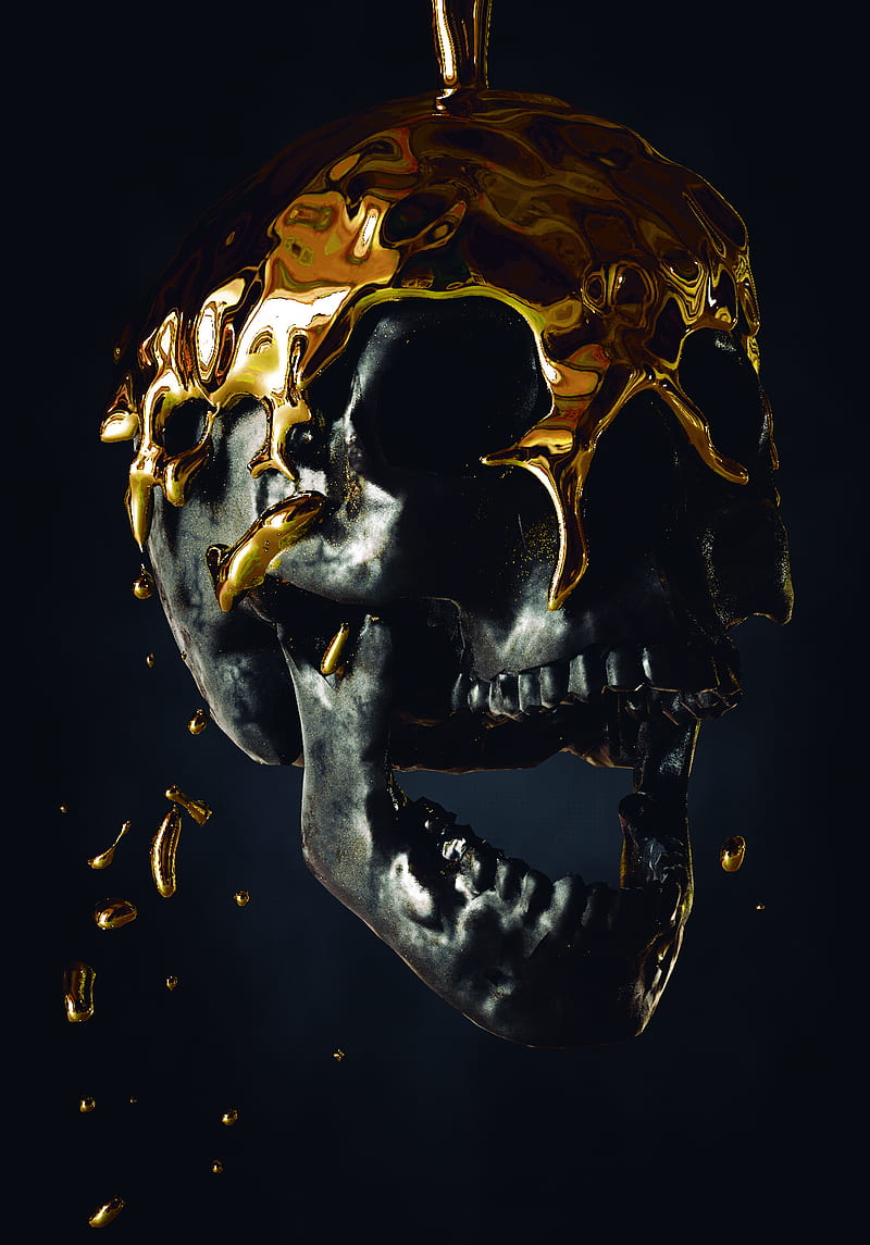 Skull, black, dark, dead, gold, golden, human, matte, skulls, terror, HD phone wallpaper