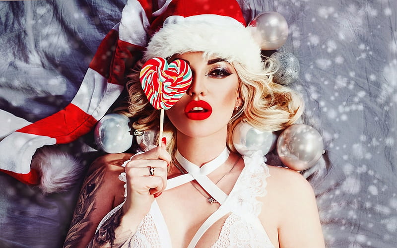 Beauty, red, candy, lollipop, craciun, model, christmas, woman, hat, santa, girl, HD wallpaper