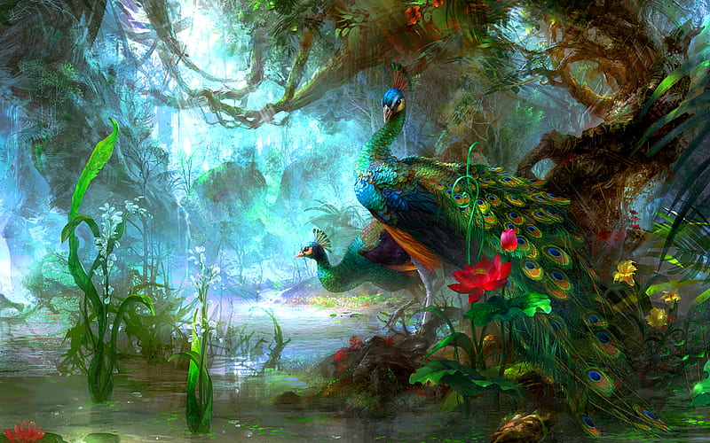 Peacocks, red, colorful, luminos, pasare, peacock, hgjart, feather bird, lake, fantasy, water, green, paradis, summer, flower, HD wallpaper