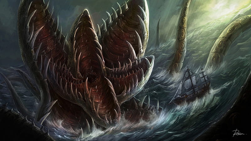 Sea Monster, Sea, Landscape, Monster, Fantasy, HD wallpaper