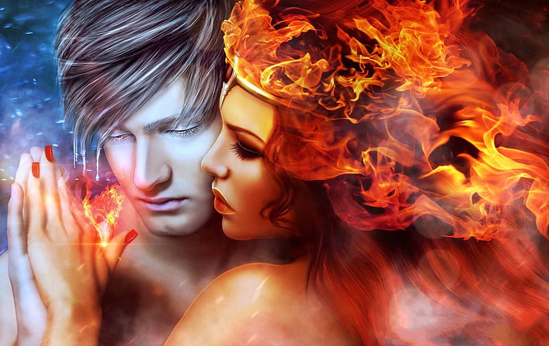 Love Between Fire & Ice, fire, fantasy, orange, love, ice, man, woman,  couple, HD wallpaper | Peakpx