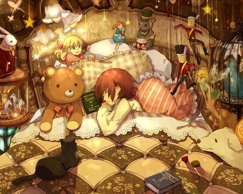 Good Night, Anime, bonito, Teddy bear, Cute, Fairy, Toys, Dog, Characters,  Detailed, HD wallpaper | Peakpx
