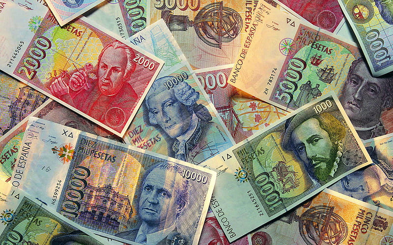 Spanish peseta, money background, money texture, spanish money, finance concepts, currency of Spain, spanish money up to euro, HD wallpaper
