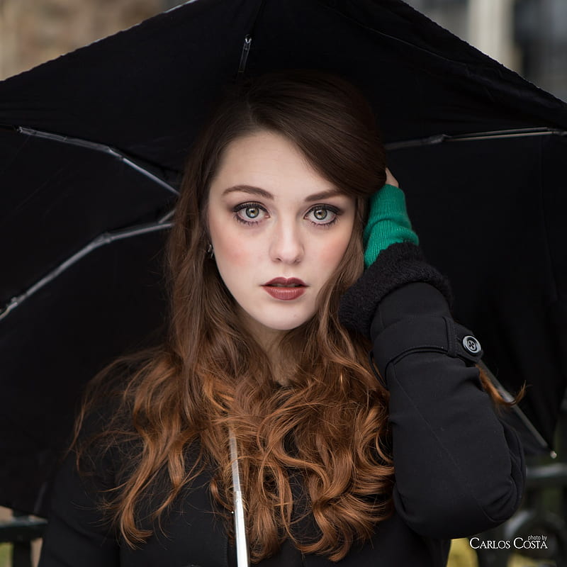 Imogen Dyer, women, brunette, black coat, women with umbrella, one arm up, pale, HD phone wallpaper