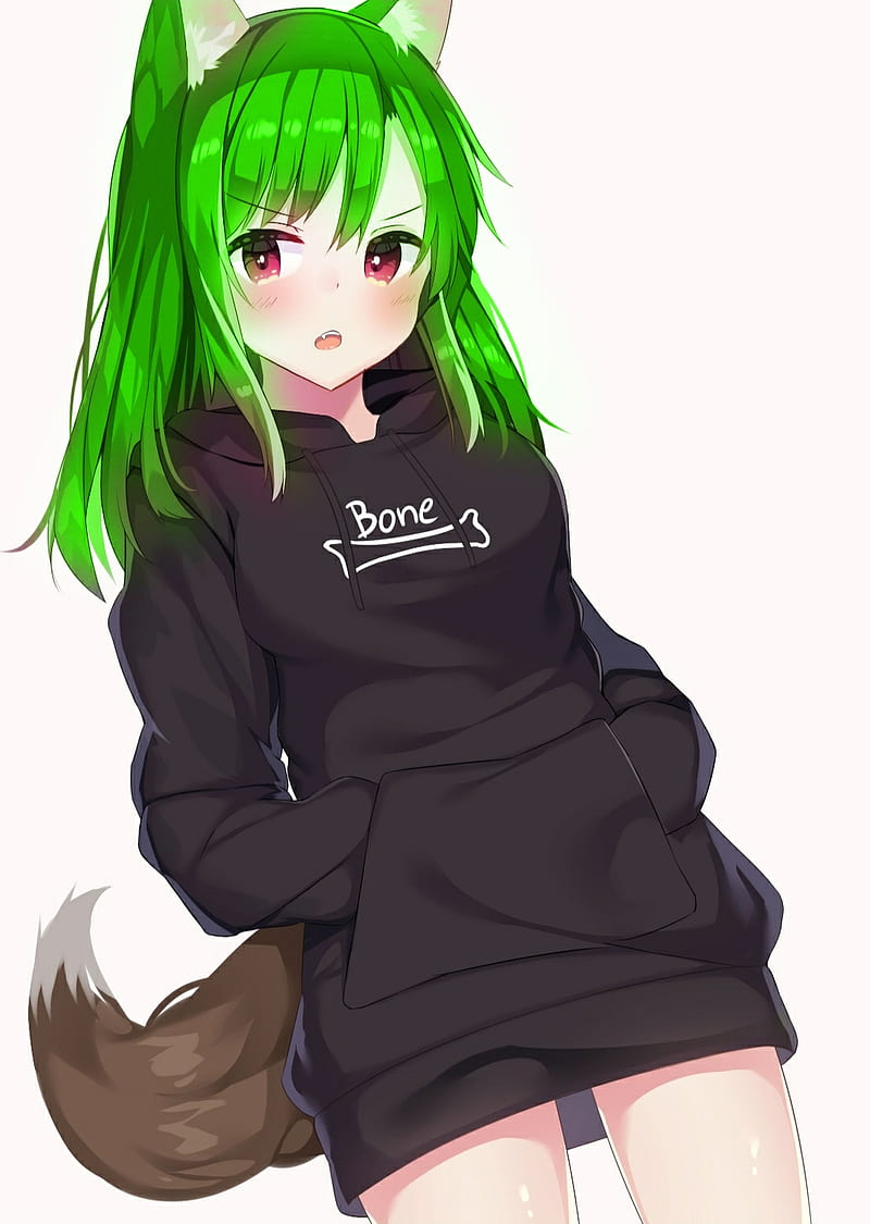 Green edition, anime, cute, girl, green, hoodie, hot, HD phone wallpaper