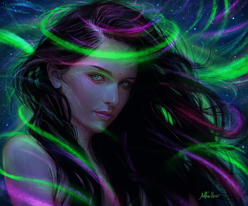 Aurora, art, fantasy, luminos, girl, green, arthur henri, face, pink, HD wallpaper