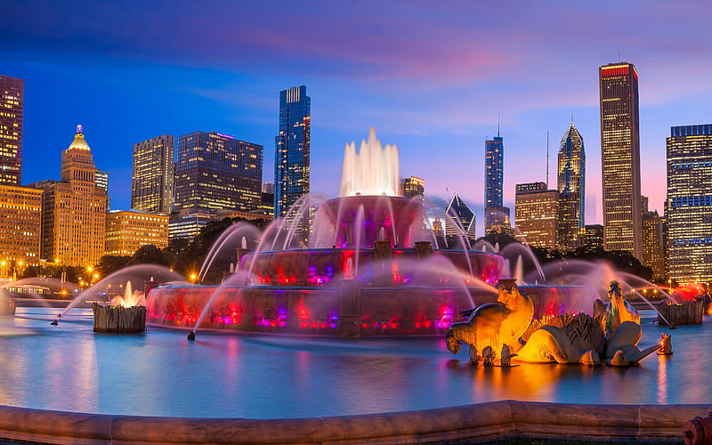 Buckingham Fountain, Chicago, Grand Park, evening, beautiful fountain, cityscape, skyscrapers, Illinois, USA, HD wallpaper