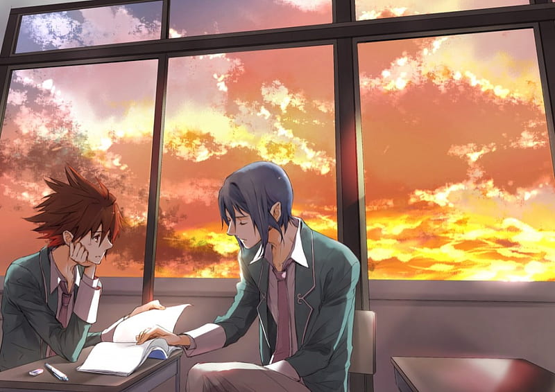 Uniforms, males, book, clouds, anime, guys, male, window, classroom, short red hair, closed eyes, manga, red hair, sky, short hair, school, boys, blue hair, short blue hair, red eyes, HD wallpaper