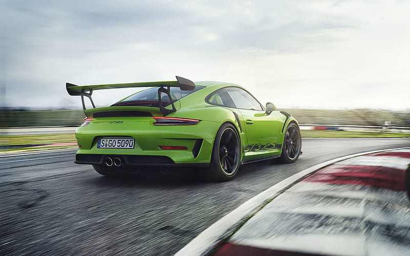 Porsche 911 GT3 RS, 2019, rear view, green sports coupe, racing track, green 911 GT3, tuning, German cars, Porsche, HD wallpaper