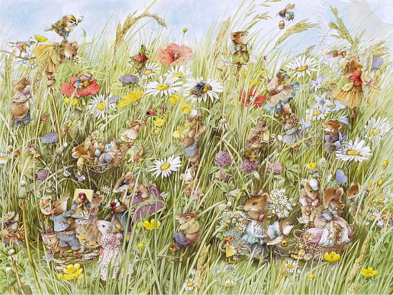 Mice, art, vara, mouse, painting, flower, summer, pictura, field, green, HD wallpaper