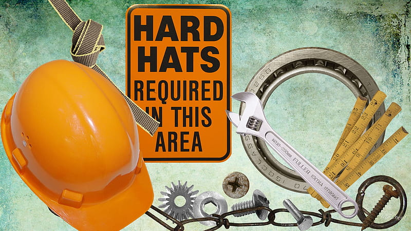 Work Area, chain, measure, belting, sign, firefox persona, bolts, gears, hard hat, crescent wrench, HD wallpaper