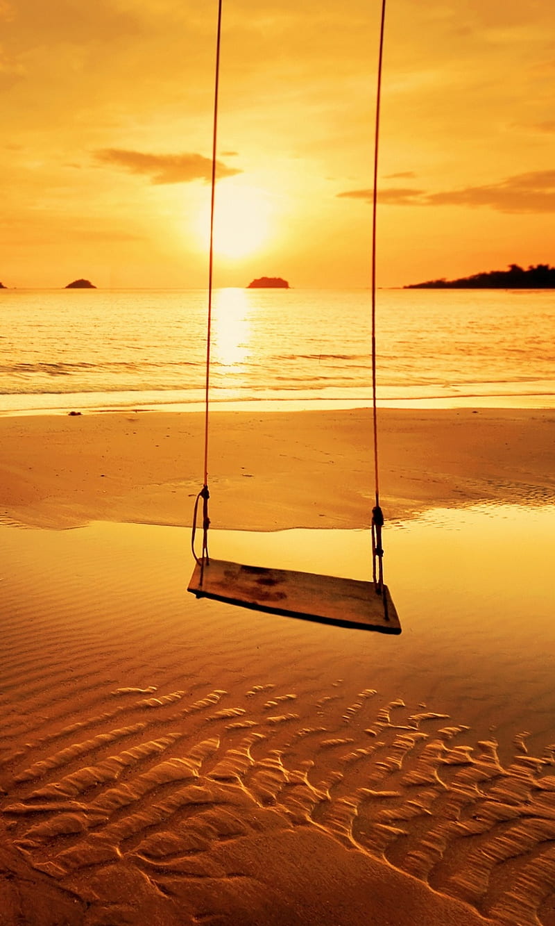 Beach swing, beach, gold, nature, sunset, HD phone wallpaper