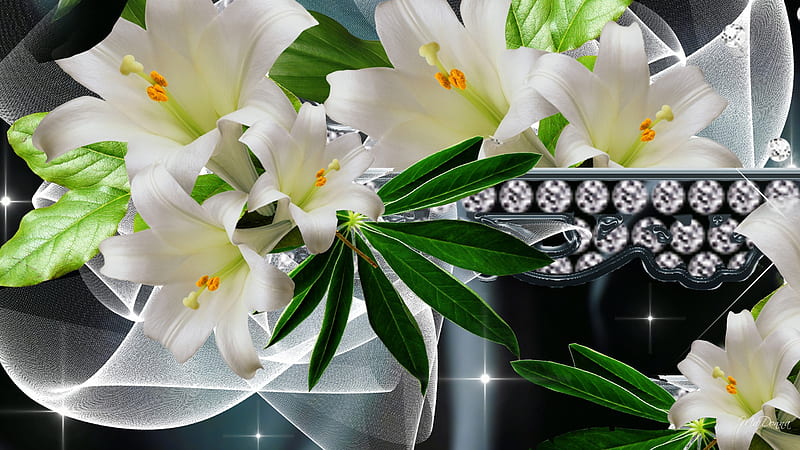 Lilies Remembered, easter, rhinestones, diamonds, funeral, leaves, netting, remembrance, flowers, lily, smoke, white lily, HD wallpaper