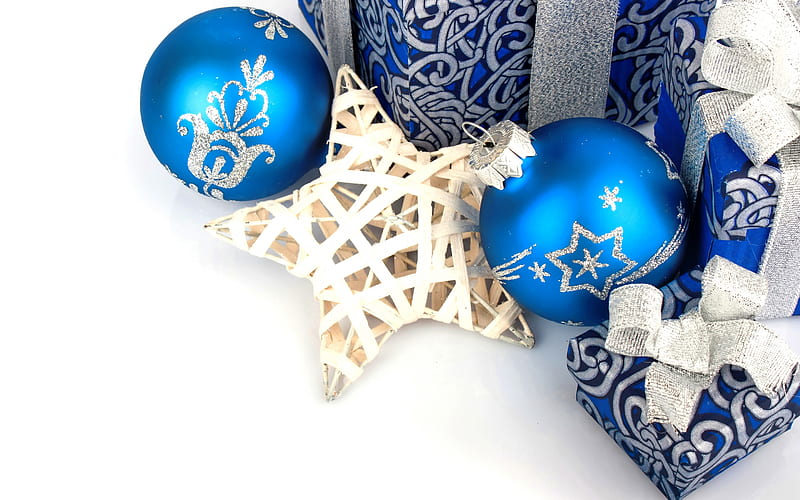 Blue Christmas balls, New Year, Christmas, blue decoration, wooden star, blue gift boxes, HD wallpaper