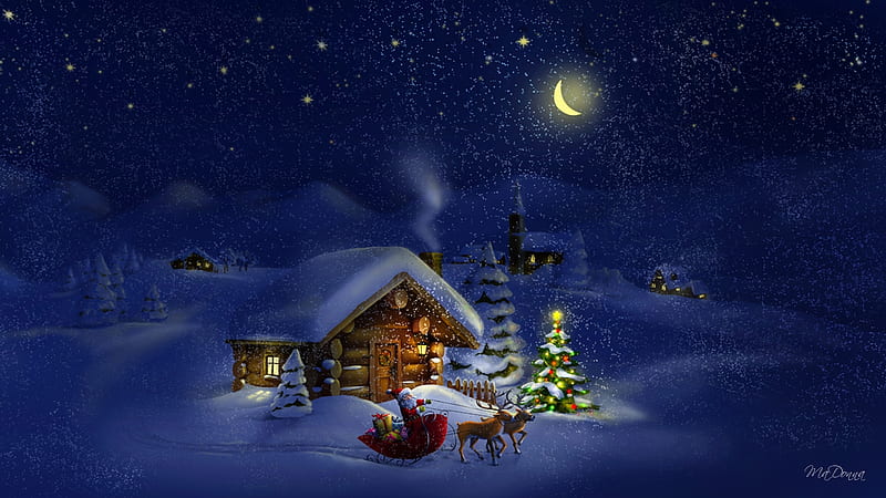 North Pole Night, North Pole, cabins, night, winter, blue, Firefox theme, Christmas, Santa Claus, trees, moon, snow, reindeer, HD wallpaper