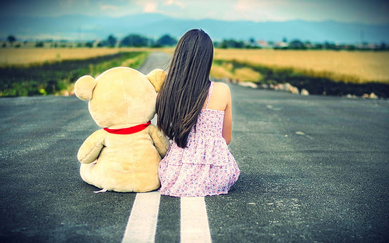 * Waiting *, missing, girl, dreamer, waiting, teddy bear, road, sky, HD wallpaper