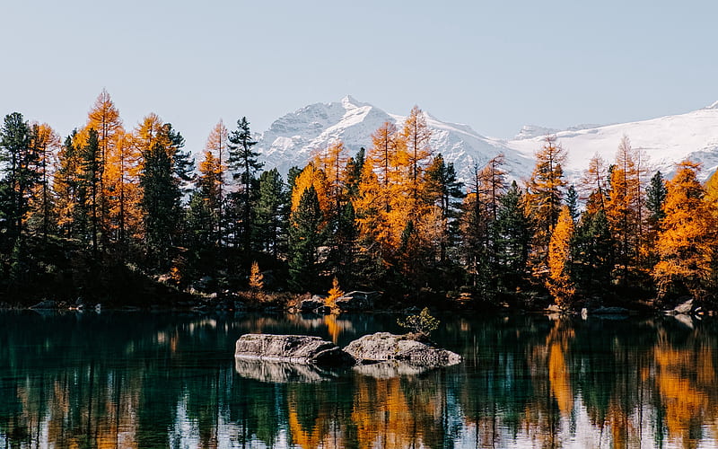 Autumn landscape, lake, mountain landscape, yellow trees, mountain lake, glacial lake, autumn, HD wallpaper