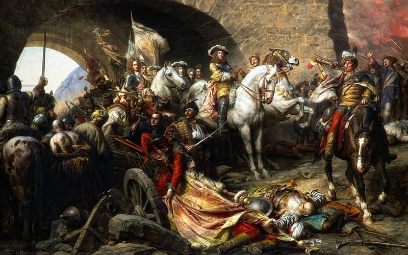 The Capture of Buda castle in 1686, art, horse, battle, people, painting, Gyula of Bentsur, capture, white, castle, HD wallpaper