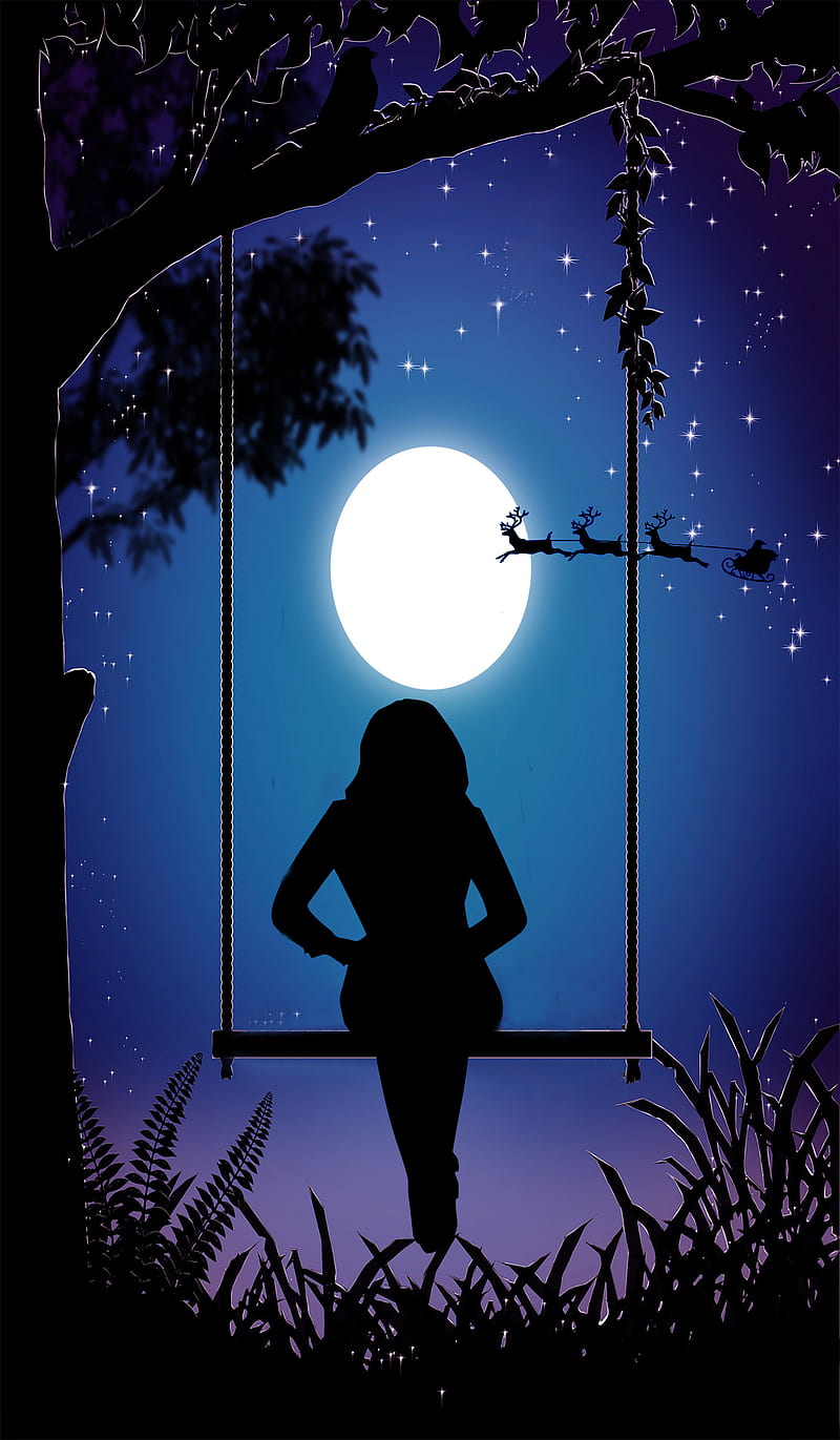 Moon Girl, HI, bird, deer, grass, santa claus, silhouette, sky, star, swing, tree, white moon, HD phone wallpaper