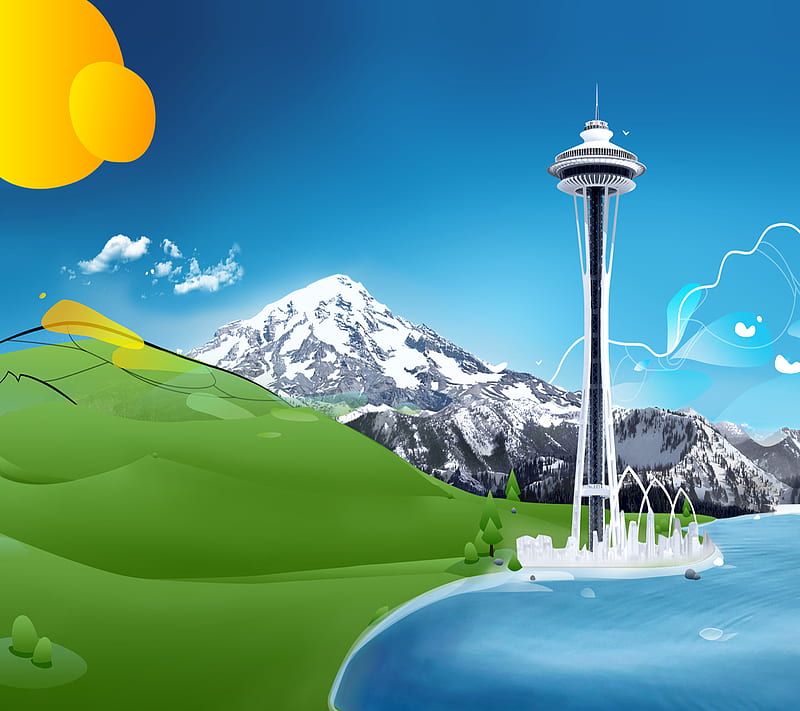 Windows 8, building, lake, microsoft, mountain, tower, HD wallpaper
