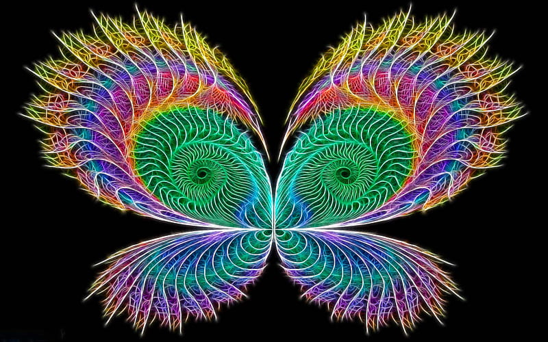Rainbow Butterfly, sparkling, colorful, glow, lovely, butterfly, fractal, peacock, abstract, HD wallpaper
