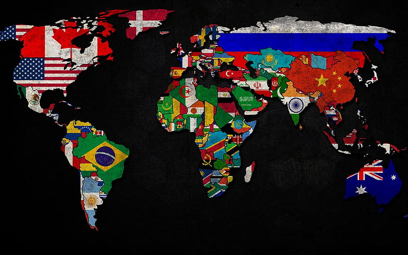 world map with flags, grunge, world map concept, artwork, creative, flags, world maps, art, world map, HD wallpaper