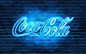 Coca-Cola blue logo blue brickwall, Coca-Cola logo, brands, Coca-Cola neon logo, Coca-Cola, HD wallpaper