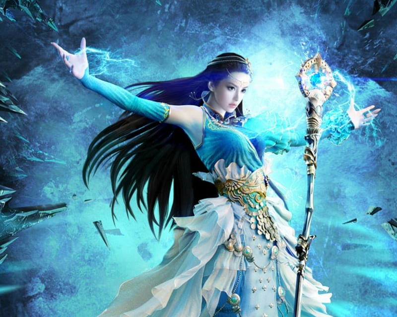 The Sorcerer, staff, fantasy, magic, woman, HD wallpaper