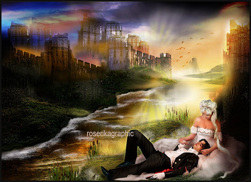 **Romantic Castle**, Bride, pretty, colorful, creations, bonito, digital art, women, sweetheart, sweet, hair, fantasy, splendor, manipulation, people, face, girls, Groom, couple, gorgeous, imaginations, female, models, lovely, romantic, colors, lips, cute, chateau romantique, cool, lover, eyes, castle, HD wallpaper