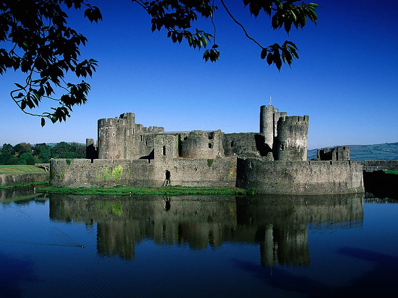 Caerphilly Castle, Wales, architecture, tree, water, reflection, castle, sky, other, HD wallpaper