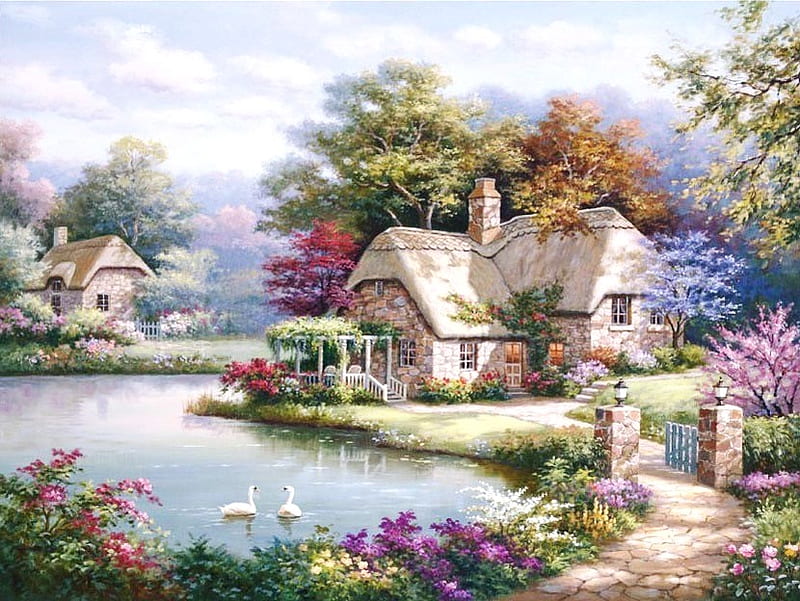 Swan cottage, architecture, colorful, in blossom, cottage, fresh air, recreation, flowers, nice colors, relaxation, view, spring, painting the countryside, beautiful place, trees, swans, lake, nature, HD wallpaper