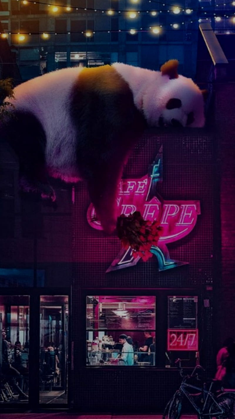 Panda, fantasy, neon, lights, city, restaurant, animal, bonito, world, adorable, HD phone wallpaper