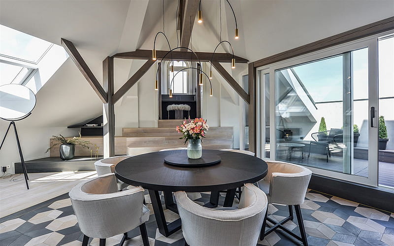 stylish interior design, dining room, round table, minimalism style, modern interior design, HD wallpaper