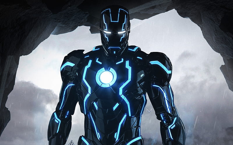 Iron Man, creative art, blue neon light, main characters, superhero, HD wallpaper