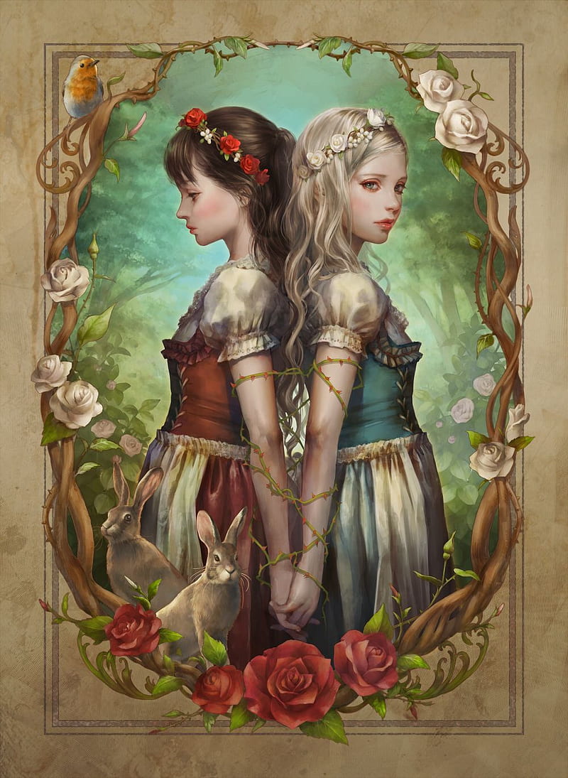 SnowWhite-RoseRed, disney, girls, grimm, grimmbrothers, red, rose, snow, snowwhiterosered, tales, white, HD phone wallpaper