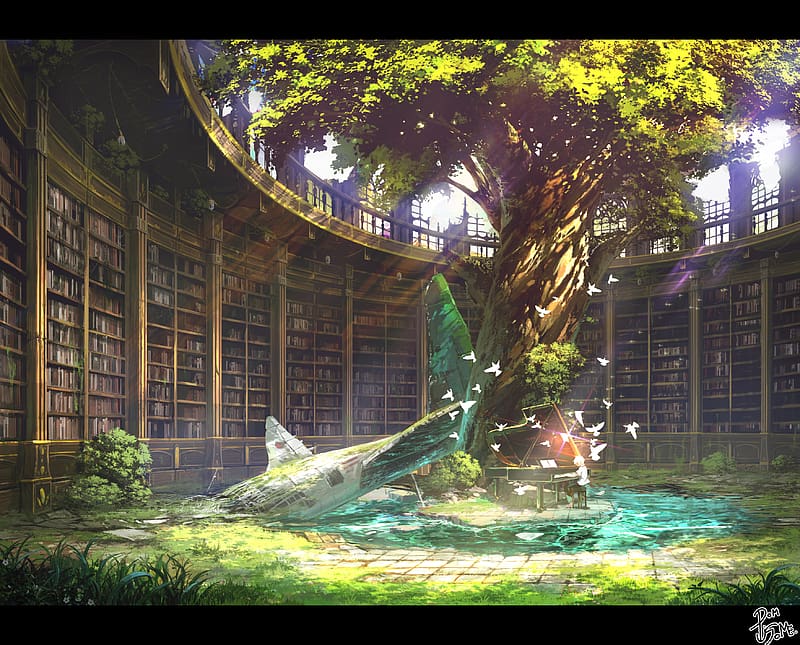 Anime, Piano, Light, Tree, Ruin, Library, Original, Post Apocalyptic, HD wallpaper